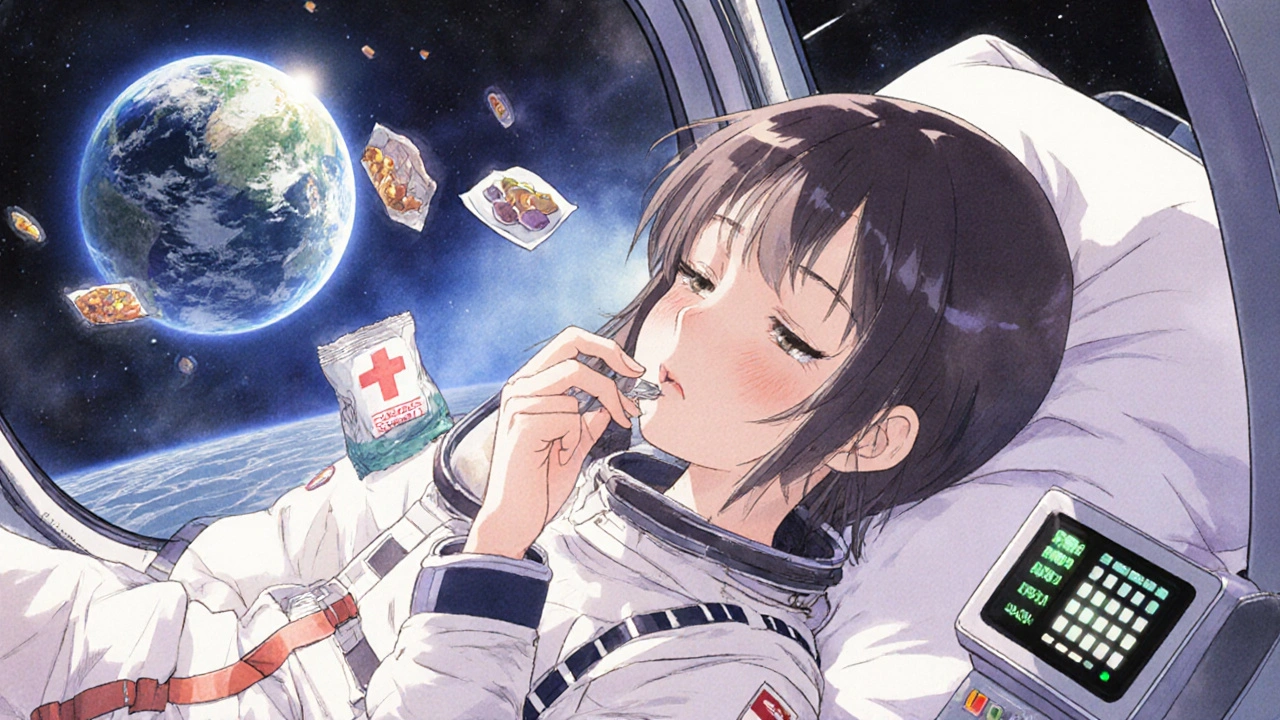 Astronaute prenant une pilule dans la Station Spatiale Internationale, des larmes et des aliments flottants l&#039;entourent.