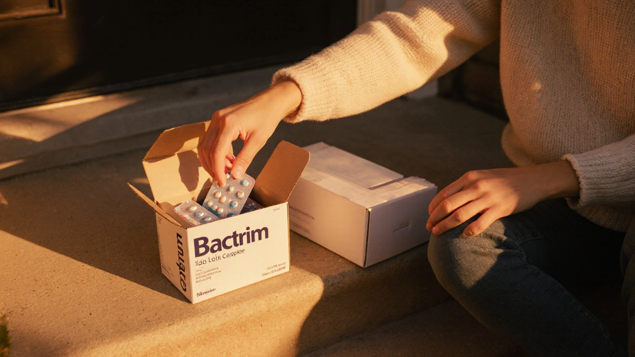 Boîte livrée contenant pilules Bactrim générique, patient satisfait.