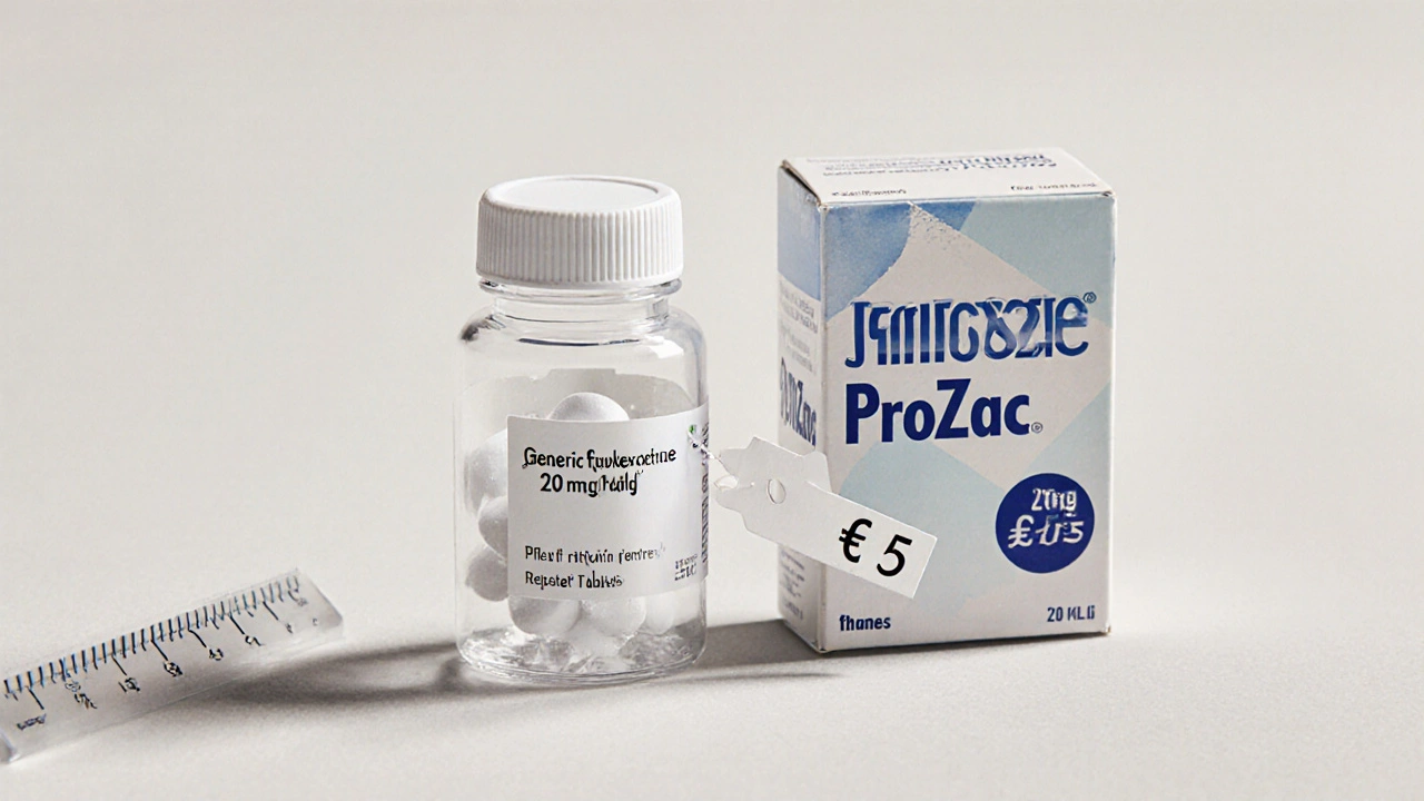 Bouteille de fluoxétine générique à côté d’une boîte de Prozac avec étiquettes de prix.