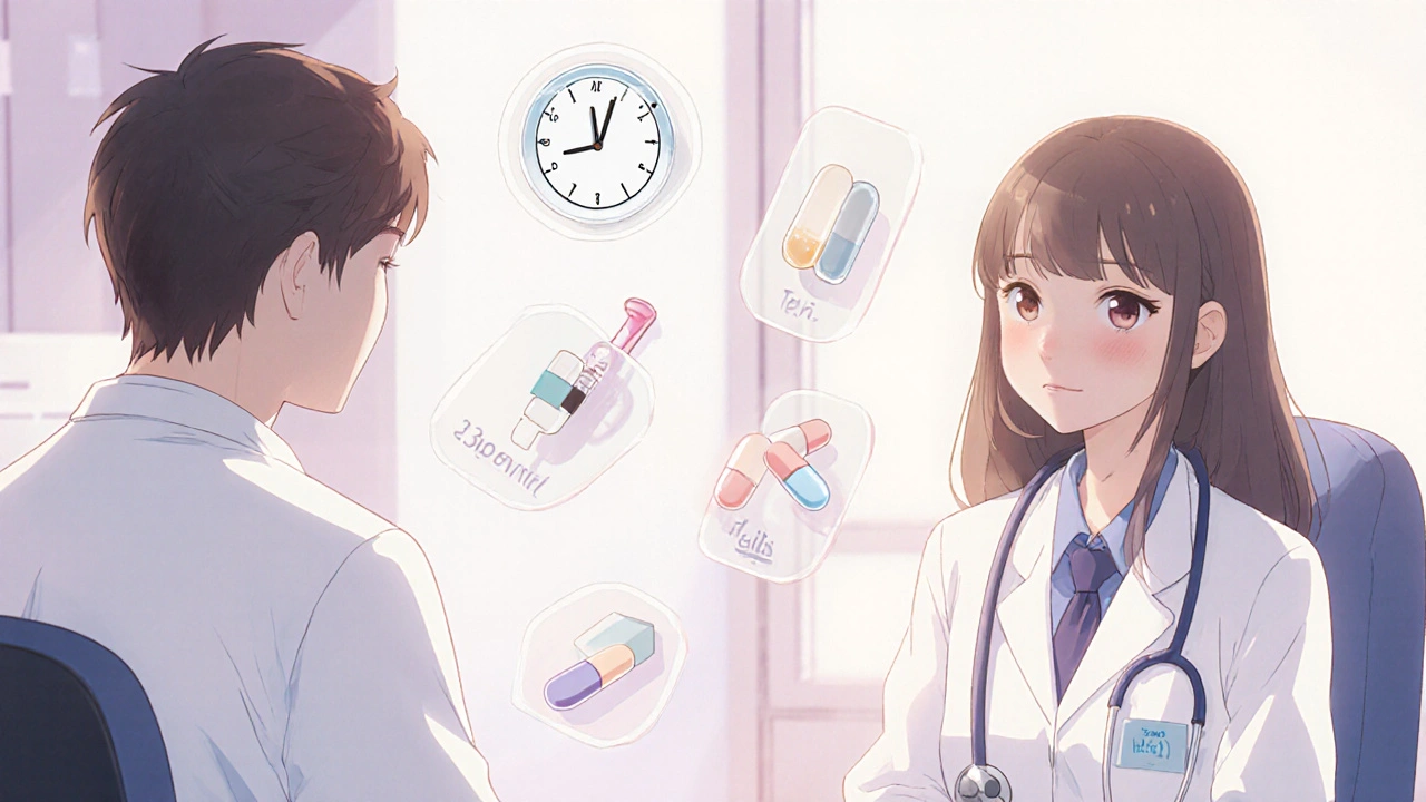 Conversation médicale avec icônes de médicaments flottant, montre durée et doses.