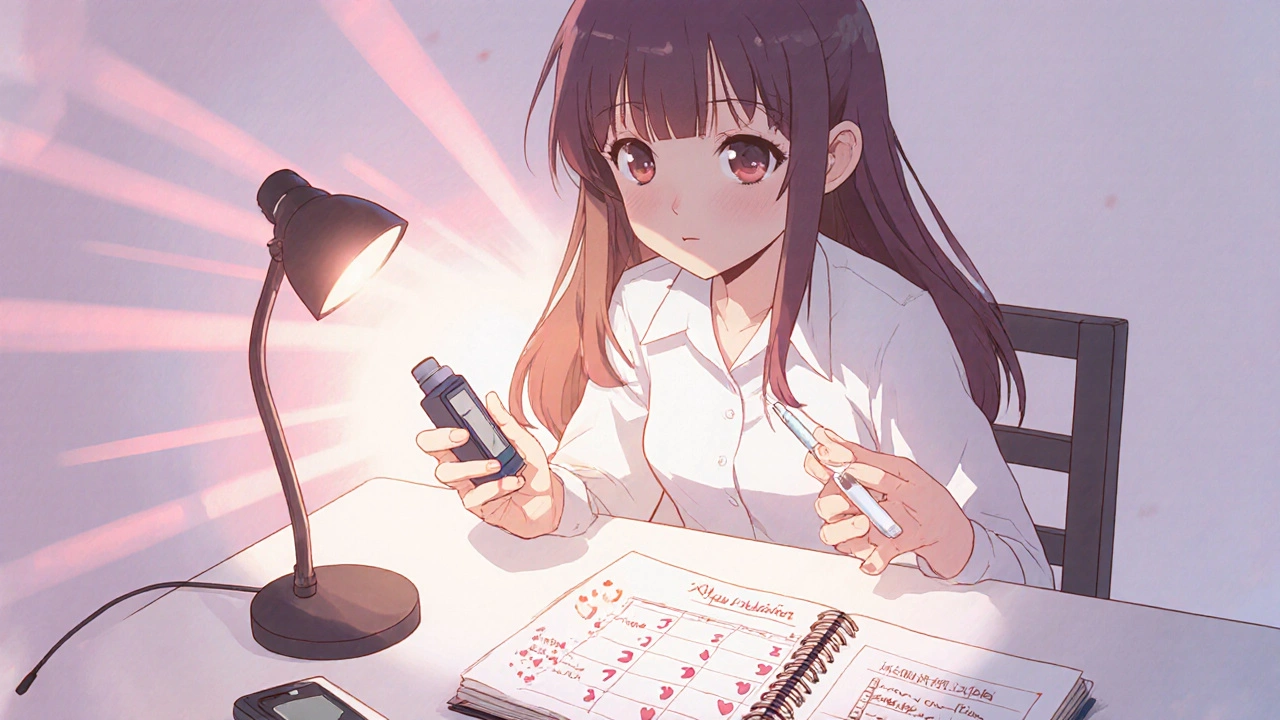 Femme diabétique assise à un bureau, vérifiant sa glycémie, tenant un inhalateur et un stylo à insuline, journal ouvert.