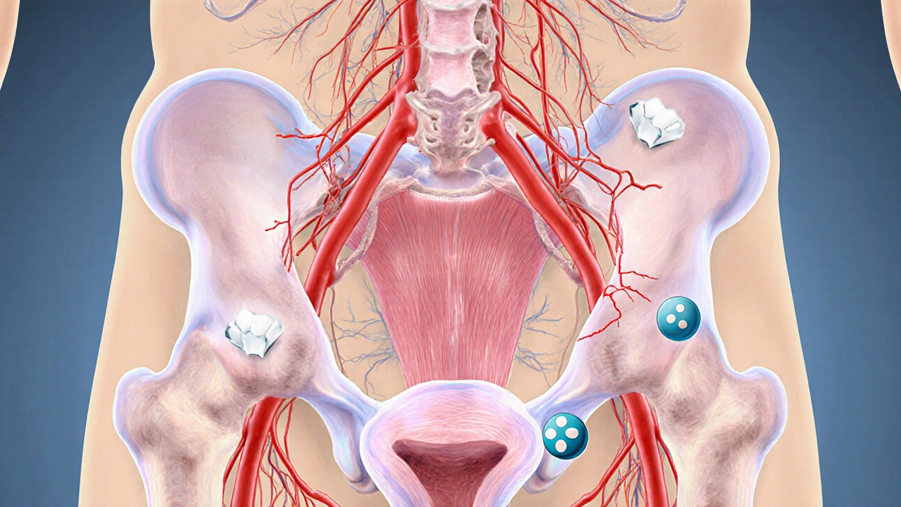Illustration anatomique du vessie et des nerfs endommagés par la neuropathie diabétique.
