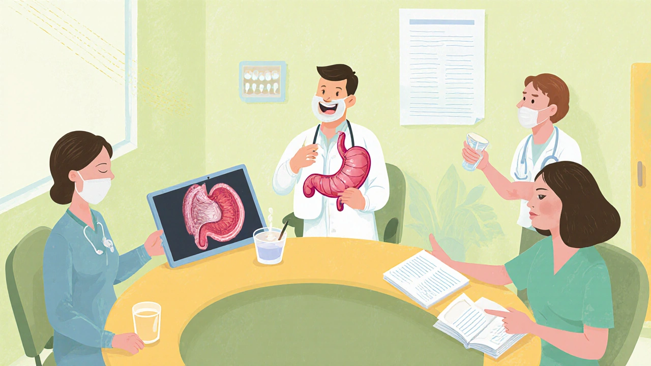 Illustration d&#039;une consultation multidisciplinaire avec médecin, dentiste, nutritionniste et thérapeute aidant un patient.