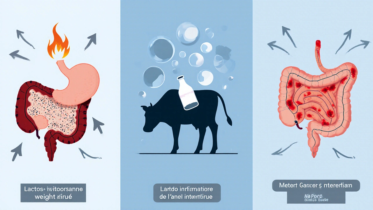 Illustration médicale montrant infection, intolérance et maladie inflammatoire avec flèches de perte de poids.