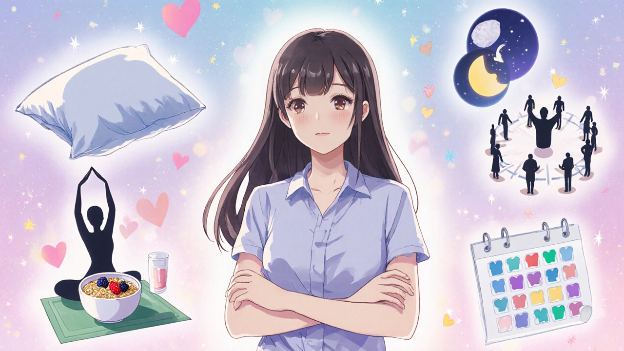 Illustration shoujo des cinq piliers d’auto‑soin : sommeil, nutrition, exercice, soutien, organisation.