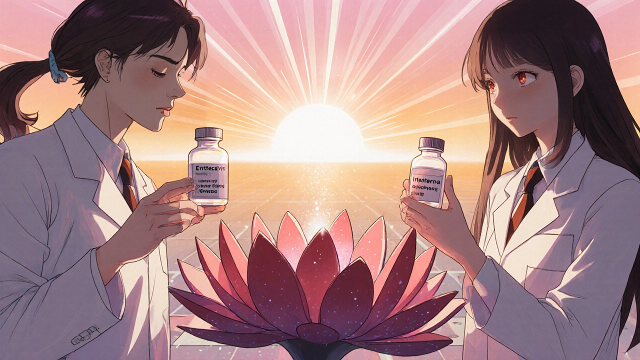 Laboratoire futuriste avec Entecavir et interféron, cœur de foie épanoui sous un lever de soleil.