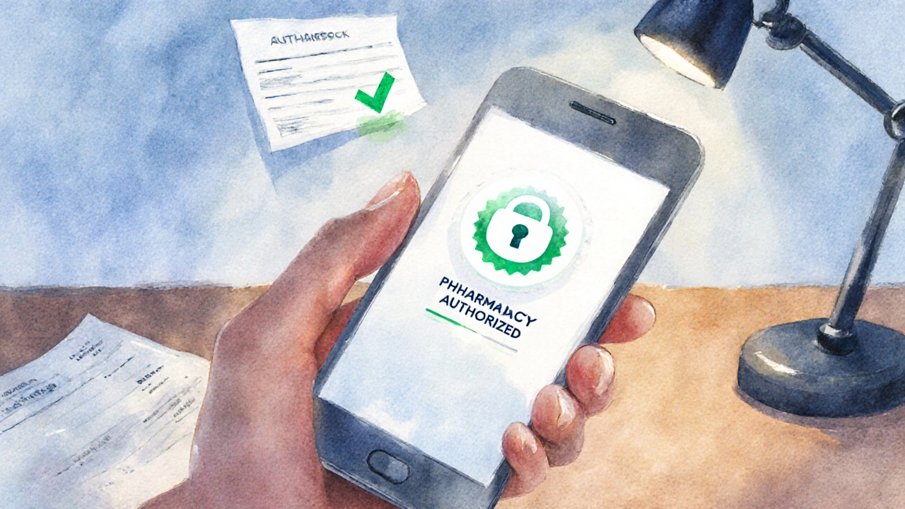 Main tenant smartphone affichant icône de sécurité et ordonnance numérique.