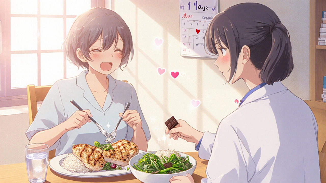 Patient et pharmacien dégustant un repas sûr composé de poulet grillé, légumes et chocolat noir.