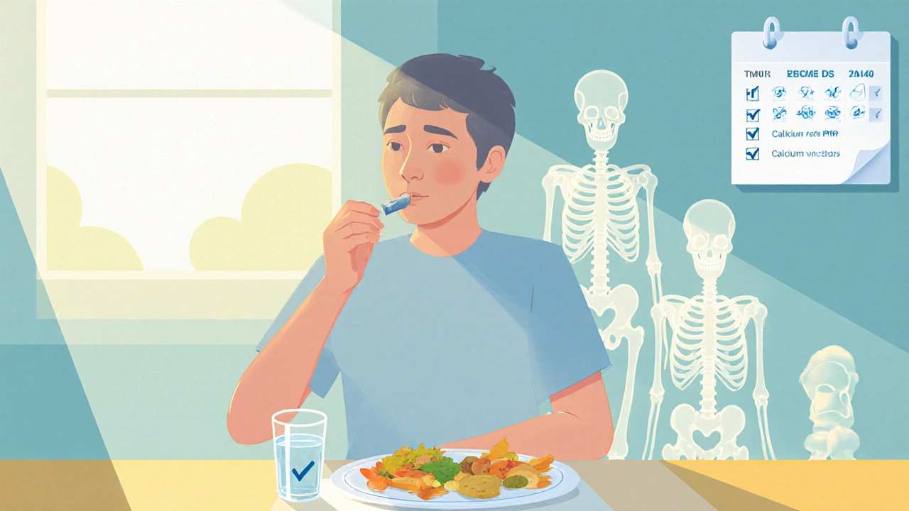 Patient prenant une capsule de vitamine D au repas, calendrier de suivi et os qui se renforcent.