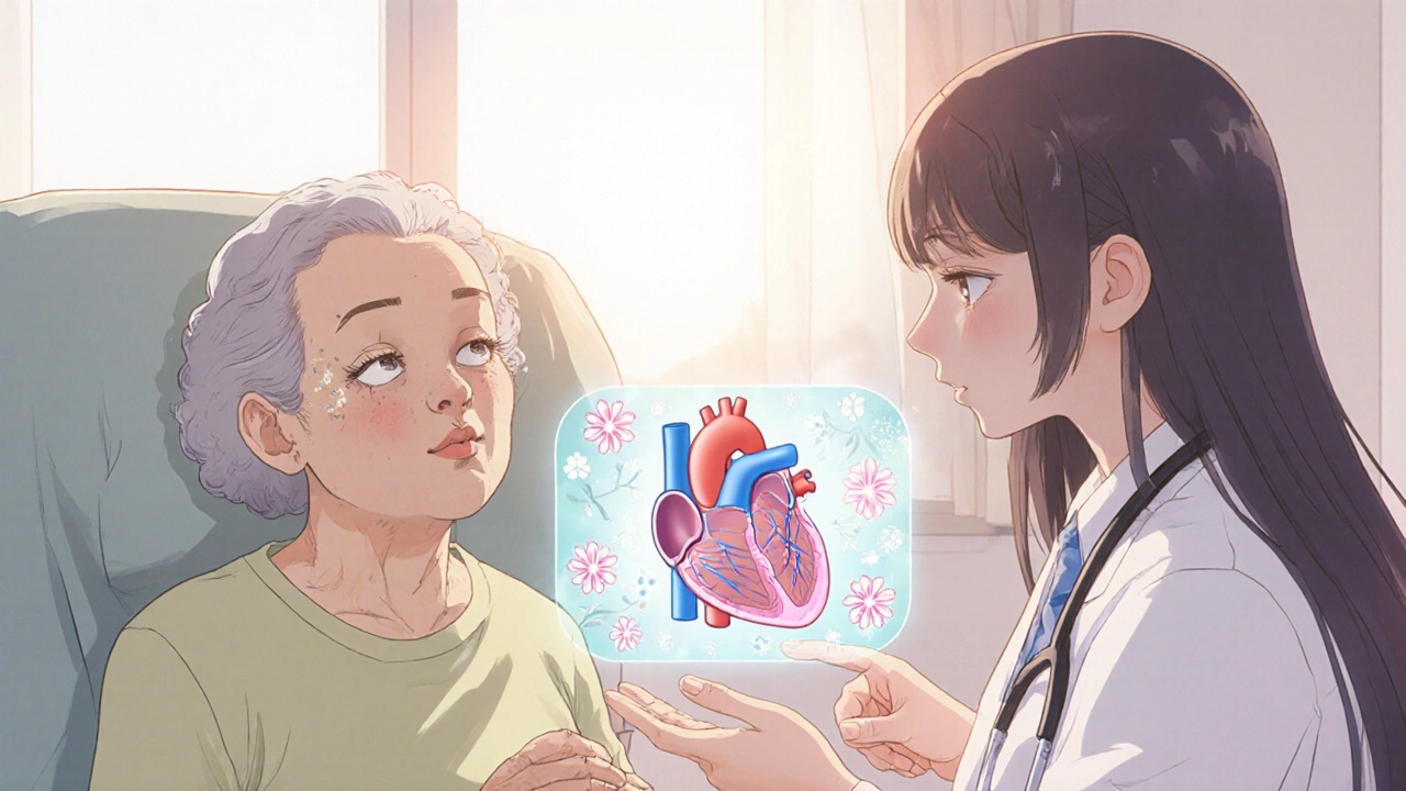 Patiente âgée et docteure discutant d’un cœur holographique montrant la conduction AV.