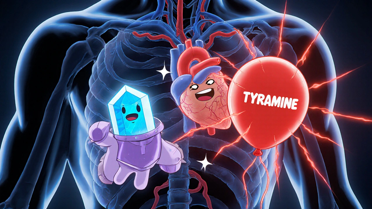 Personnifications de linezolid, MAO‑A et tyramine illustrant l’interaction qui élève la pression artérielle.