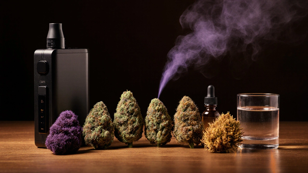 Photo réaliste de six fleurs de cannabis, vaporisateur et flacon de CBD sur une table.