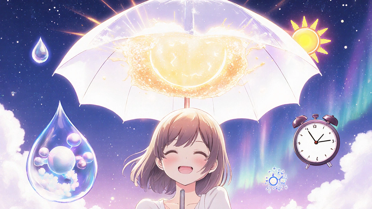 Plaque de psoriasis transformée sous un parapluie de protection, éléments symboliques flottant dans un ciel crépusculaire.