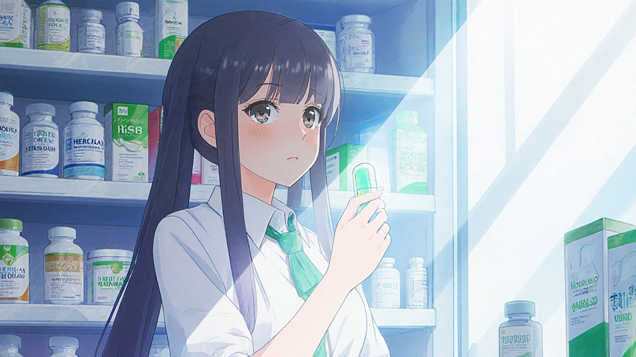 Protagoniste devant une étagère de pharmacie, choisissant une capsule Herbolax éclairée.