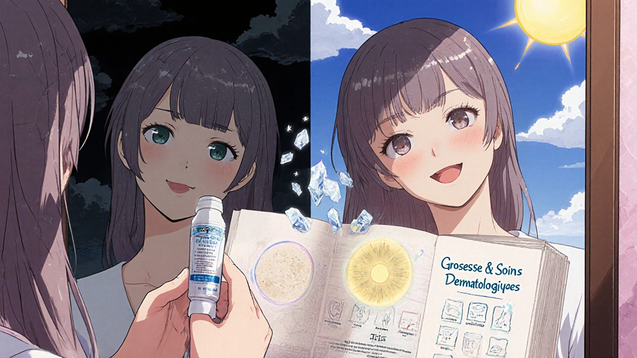 Reflet d&#039;une femme enceinte montrant deux voies : usage dangereux vs usage sécurisé de crème.