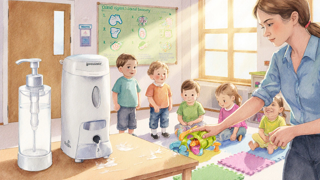 Salle de maternelle avec distributeur de savon et enseignant désinfectant des jouets.