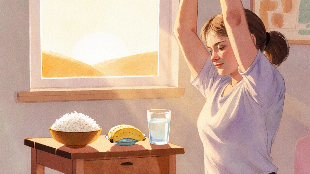 Scène de cuisine apaisante avec repas doux, verre d&#039;eau et personne faisant du yoga.