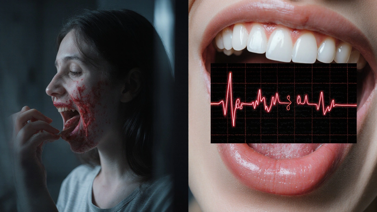 Scène photoréaliste d&#039;une femme vomissant, avec œsophage lésé, dents érodées et tracé ECG irrégulier.