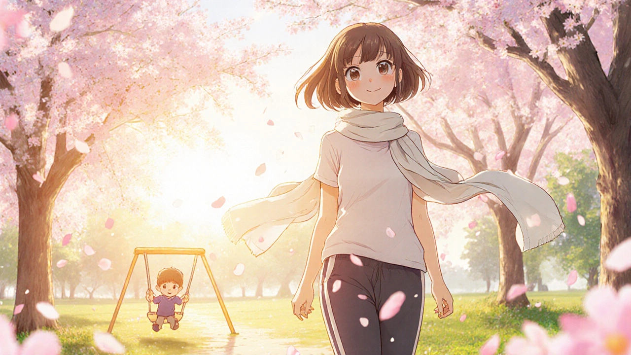 Scène shoujo d’une mère marchant au lever du soleil, pétales de cerisier, fils jouant au loin.