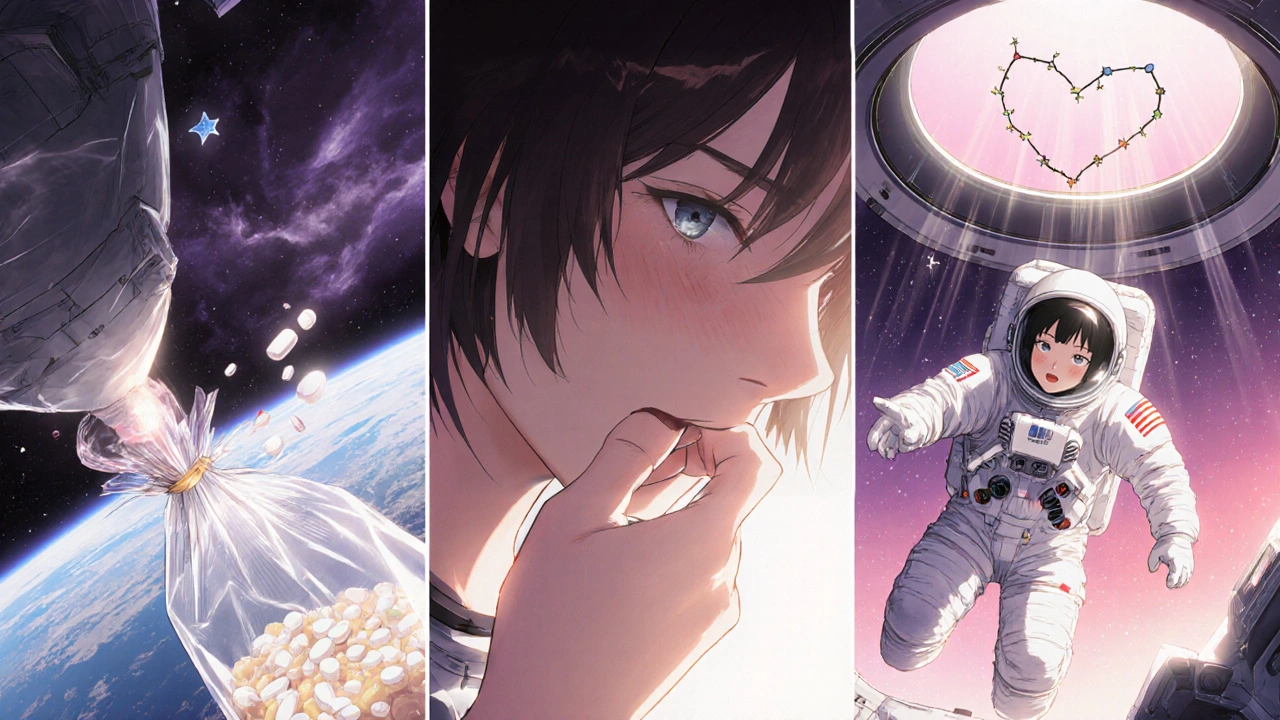 Séquence en trois images montrant une astronaute passant de la nausée à la récupération dans l&#039;espace.