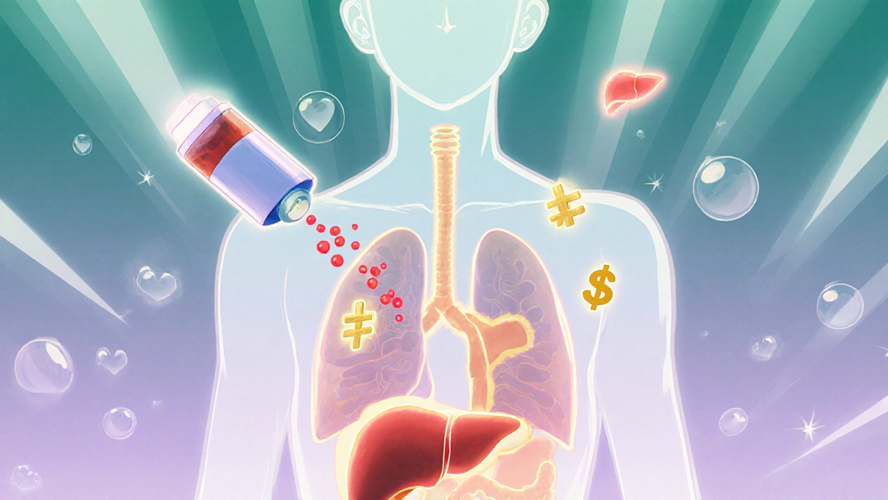 Silhouette humaine stylisée montrant le pancréas et le foie illuminés, entourés de particules d’inhalateur et de symboles de glucose.