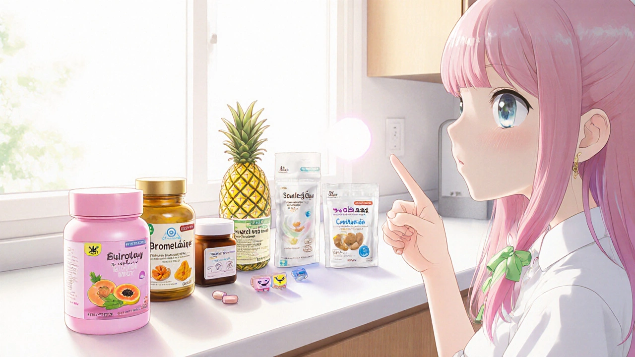 Tableau coloré de bouteilles de compléments naturels : papaye, bromélaïne, curcuma, psyllium, probiotiques et Herbolax.