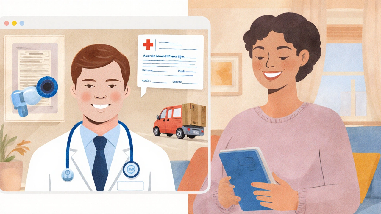 Téléconsultation médicale suivie de la réception d’un colis de médicaments.