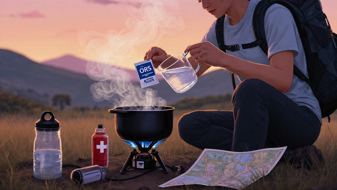 Voyageur préparant une solution de réhydratation orale au campement au crépuscule.