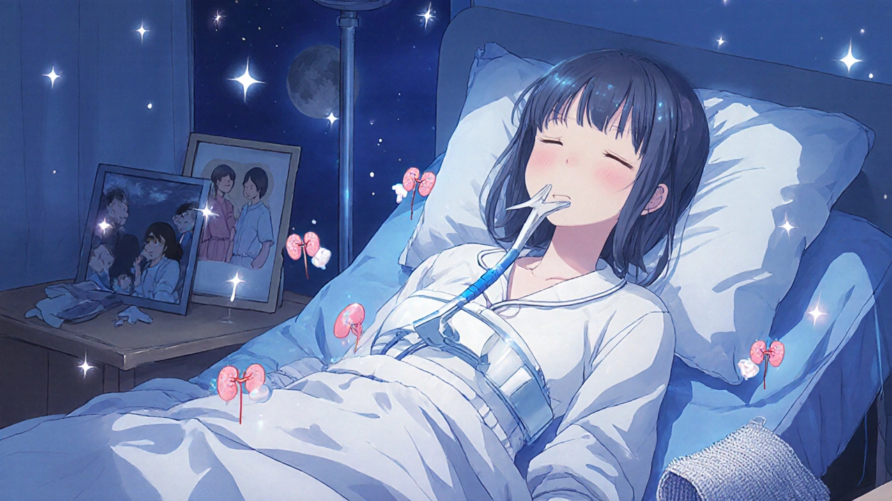 Adolescente en dialyse péritonéale la nuit, des reins flottants et des étoiles l&#039;entourent dans une chambre apaisante.