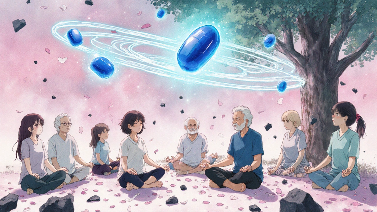 Des patients de tous âges en thérapie douce, avec des pilules Journavx flottant comme des objets magiques, en contraste avec des pilules opioïdes qui s&#039;effondrent.