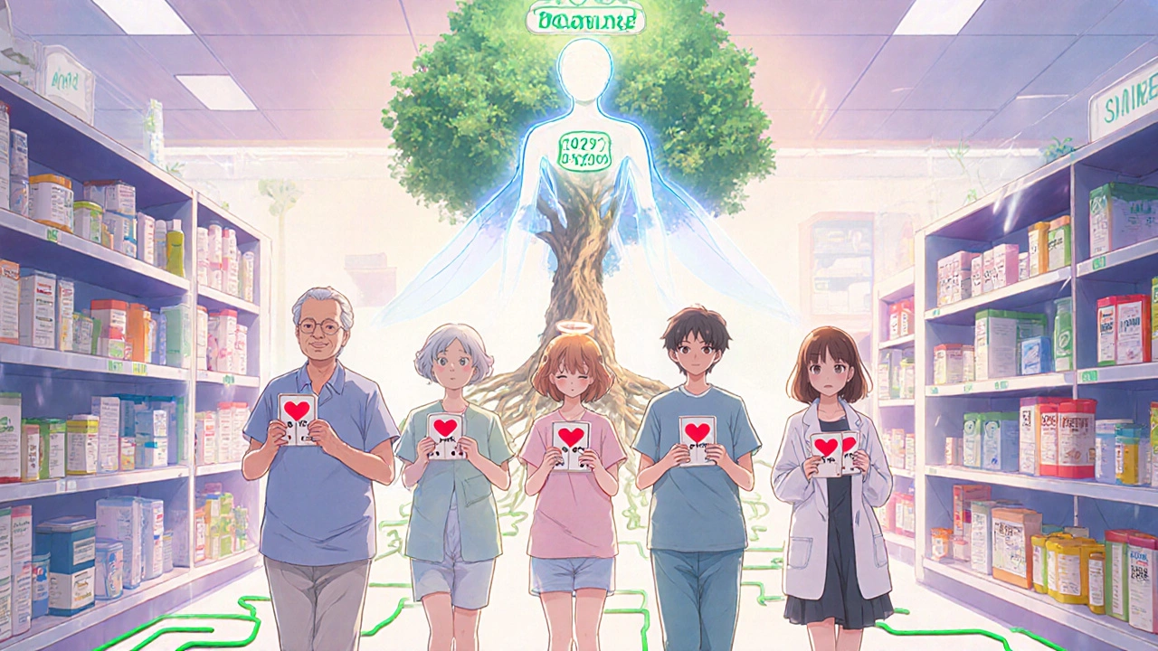 Des patients marchent dans une pharmacie, les prix deviennent des cœurs, une lumière protectrice les entoure.