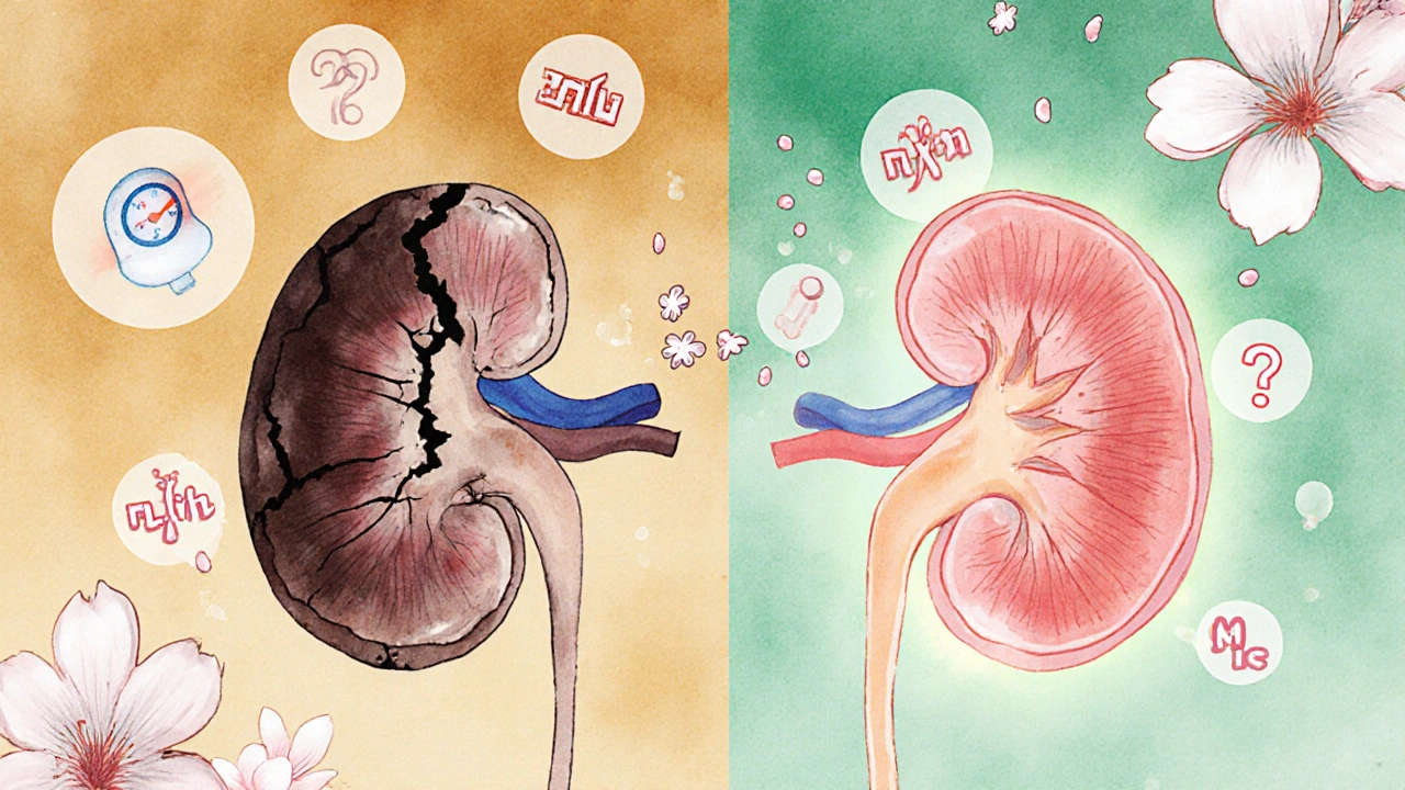 Deux reins comparés : l&#039;un endommagé, l&#039;autre protégé par l&#039;olmésartan, avec des fleurs de cerisier tombant.