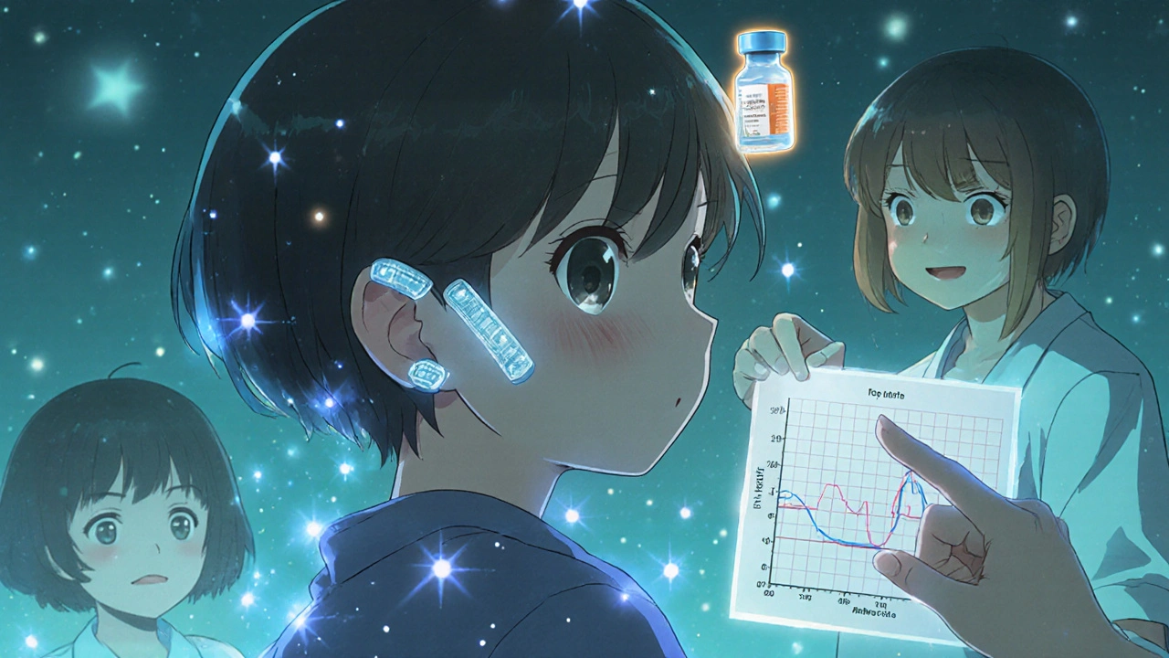 Enfant avec des tubes auditifs brillants, un vaccin flottant près de lui, symbole de guérison et d&#039;espoir.