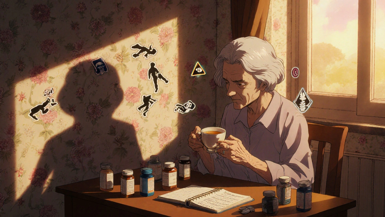 Femme âgée entourée de plusieurs bouteilles de médicaments, son ombre révélant des risques cachés.