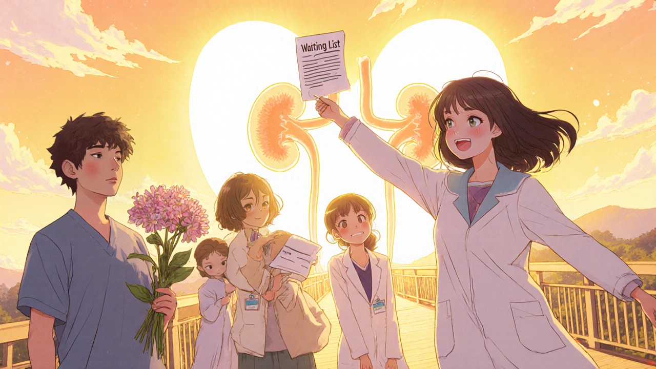 Groupe de patients sur un pont, un rein lumineux s&#039;ouvre en portail vers une vie saine, symbole d&#039;espoir et d&#039;équité.