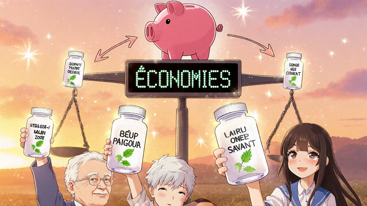 Groupe de personnes tenant des flacons génériques lumineux, une balance indique des économies vers un coeur-piggy bank.