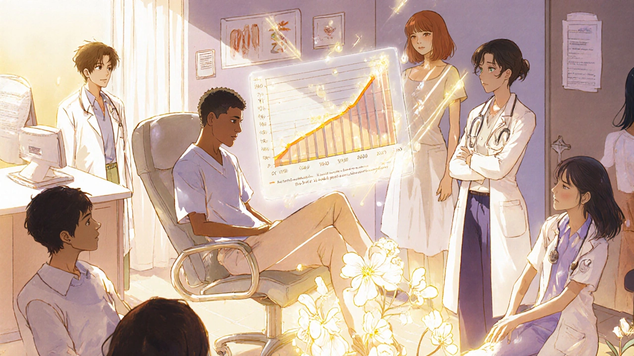 Groupe diversifié dans une clinique, lié par des fils de compassion et de soins équitables.