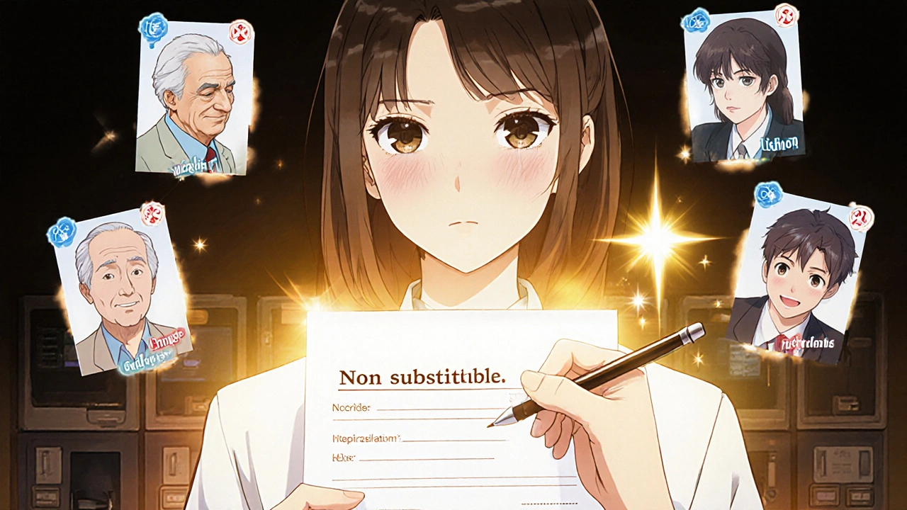 Médecin écrivant &#039;non substituable&#039; sur une ordonnance, entouré de patients concernés.