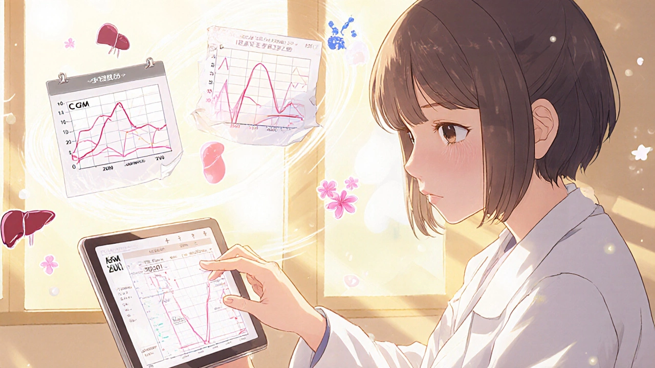 Médecin expliquant l&#039;ajustement de l&#039;insuline à un patient sous stéroïdes, graphiques flottants et lumière matinale.