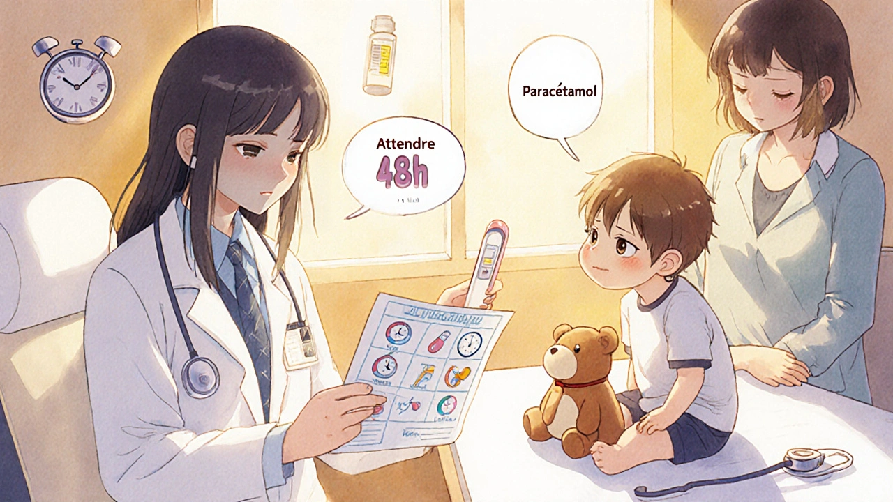 Médecin expliquant un plan d&#039;attente prudent à un parent, avec un enfant calme sur la table d&#039;examen.