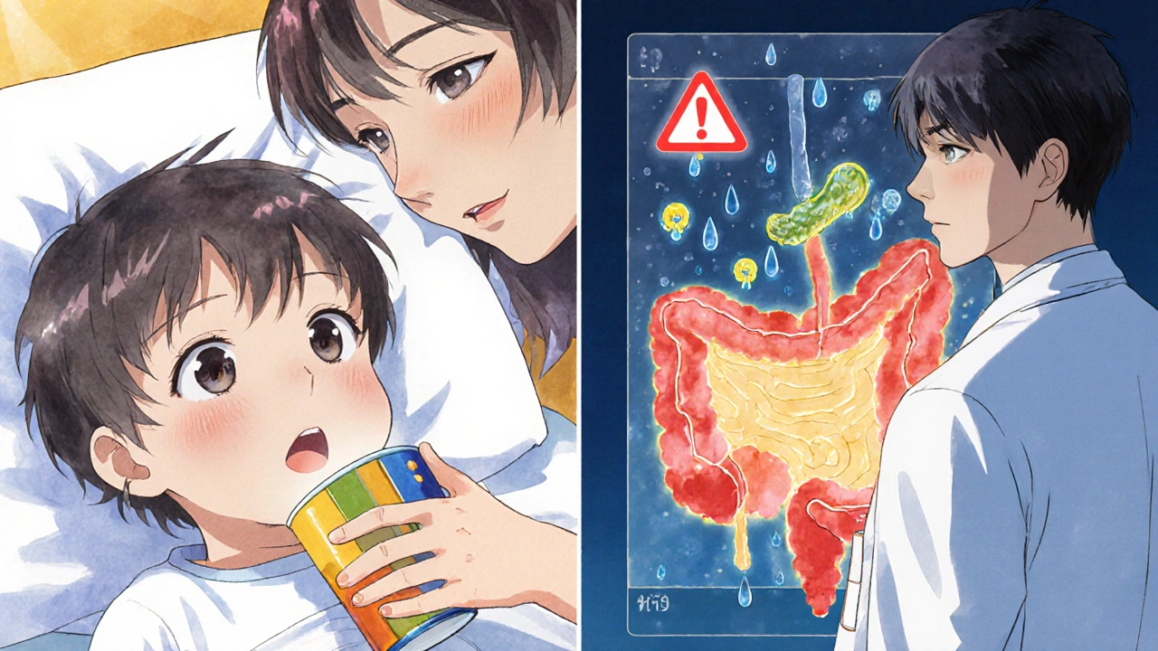 Mère offre une solution de réhydratation à un enfant malade, médecin avec tableau médical en arrière-plan.