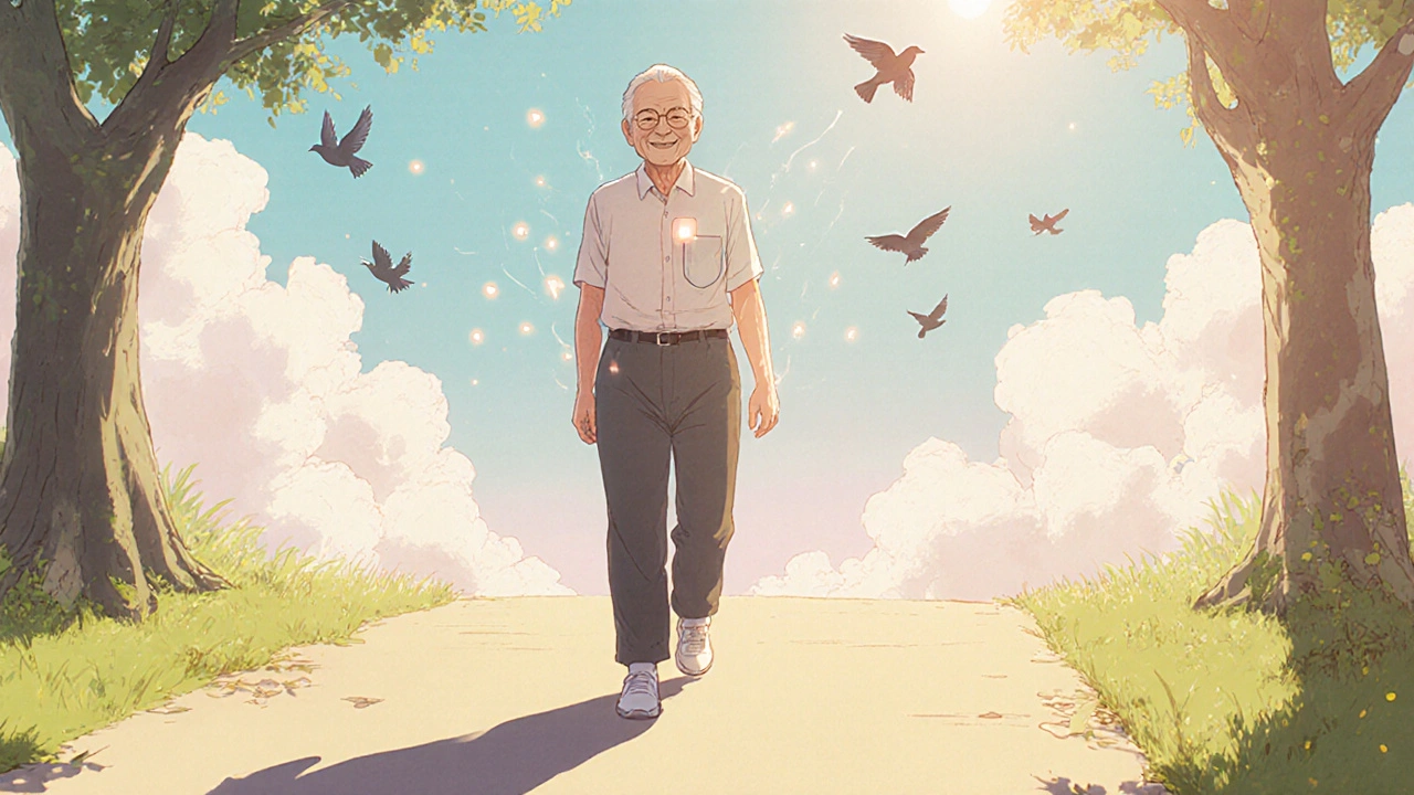 Patient âgé marchant dans un parc, un dispositif CardioMEMS émettant des données lumineuses.