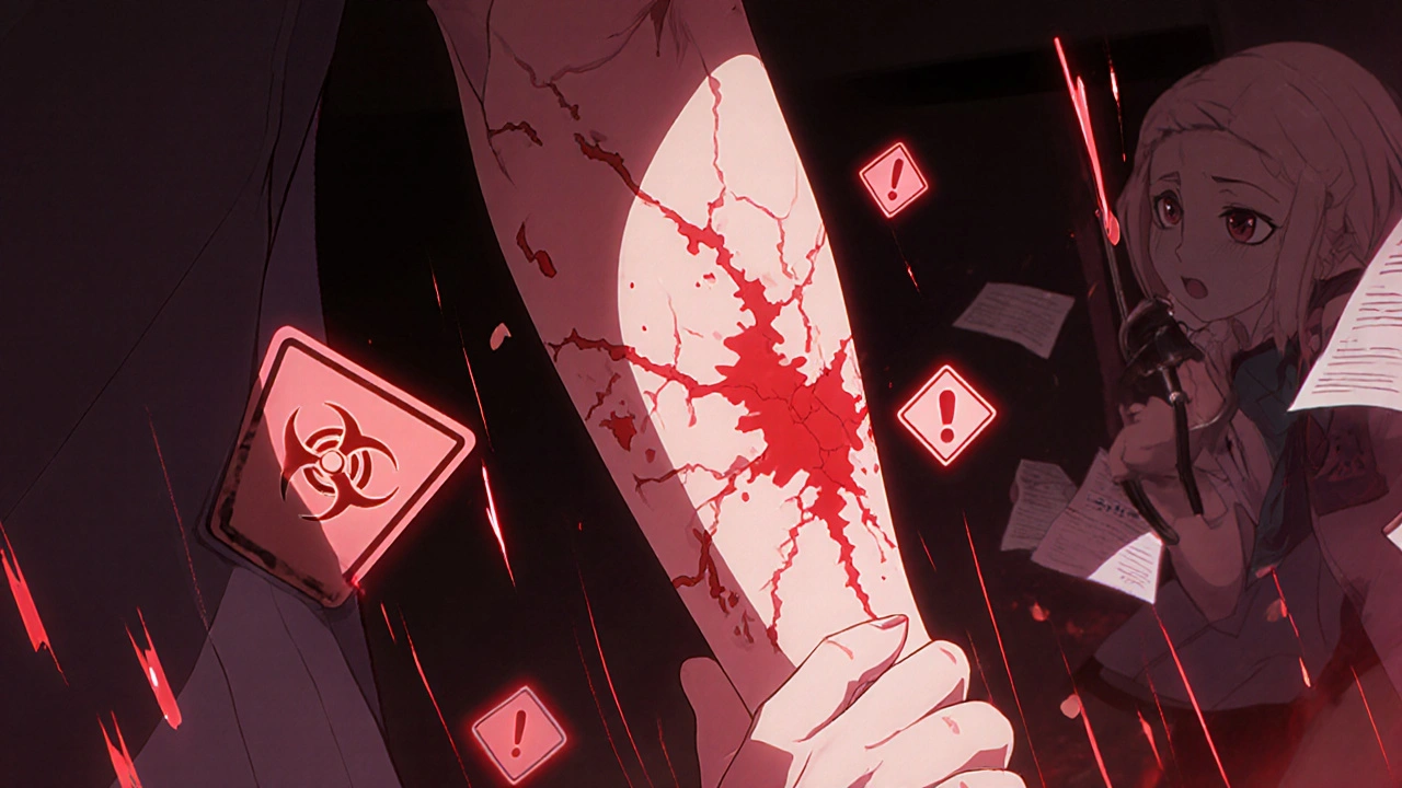 Patient avec une éruption cutanée massive et des symboles d&#039;alerte dans une scène hospitalière dramatique.