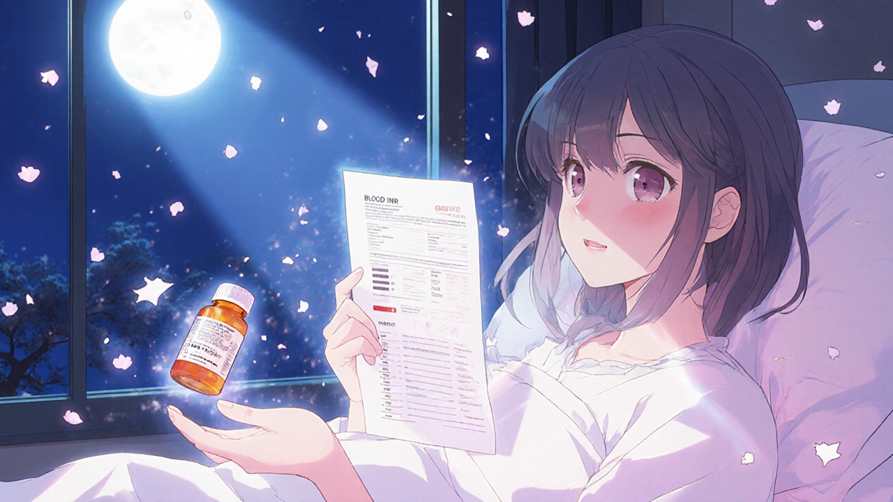 Patient hospitalisée la nuit, regardant un résultat d&#039;analyse sanguine avec anxiété.
