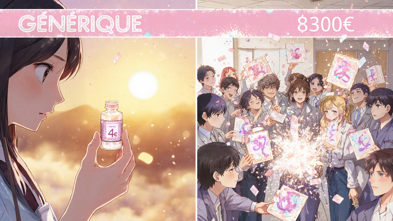 Patient tenant un petit flacon de générique à 4€ face à des boîtes de médicaments de marque qui explosent en confettis.