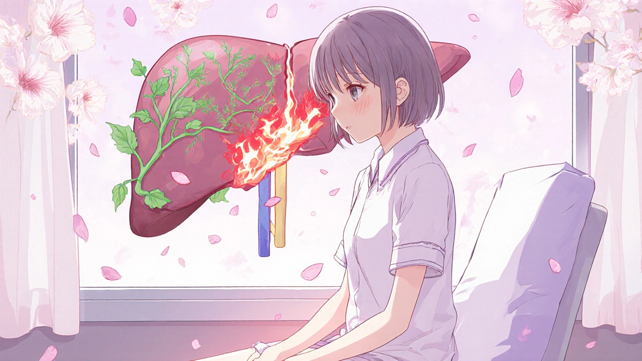 Patiente dont le foie est visible, en lutte entre traitements UDCA et corticoïdes, dans une ambiance douce et espoir.