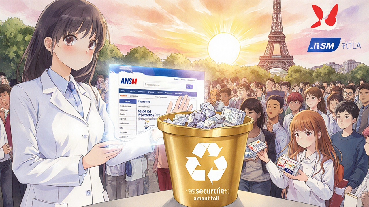 Pharmacien accueillant des médicaments illégaux dans un bac sécurisé sous un soleil levant.