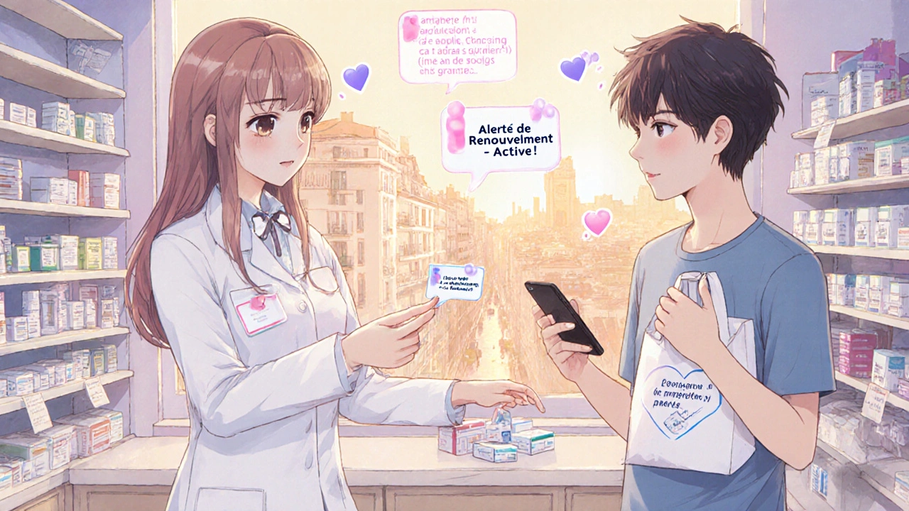 Pharmacien remet une alerte de renouvellement à un patient dans une pharmacie lumineuse, avec des notifications flottantes.