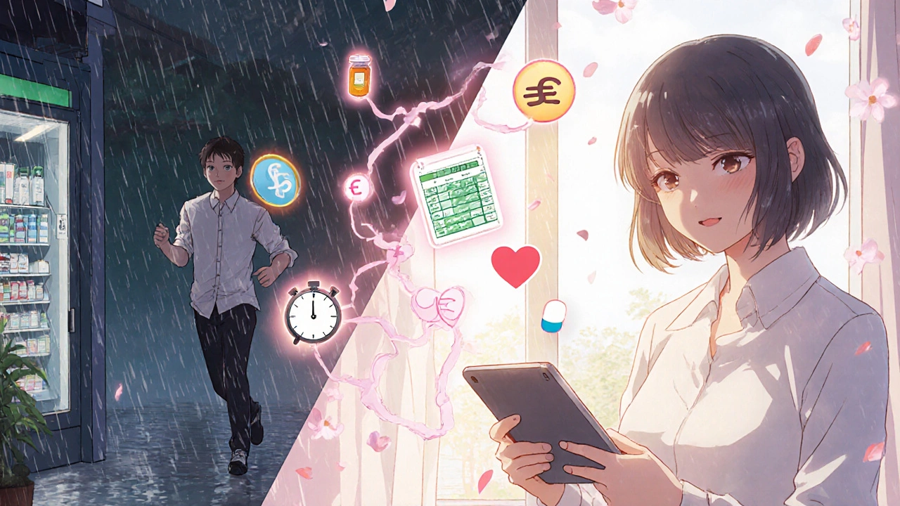 Scène comparant le stress d&#039;une rupture de traitement à la sérénité d&#039;un système d&#039;alerte et de budget bien géré.