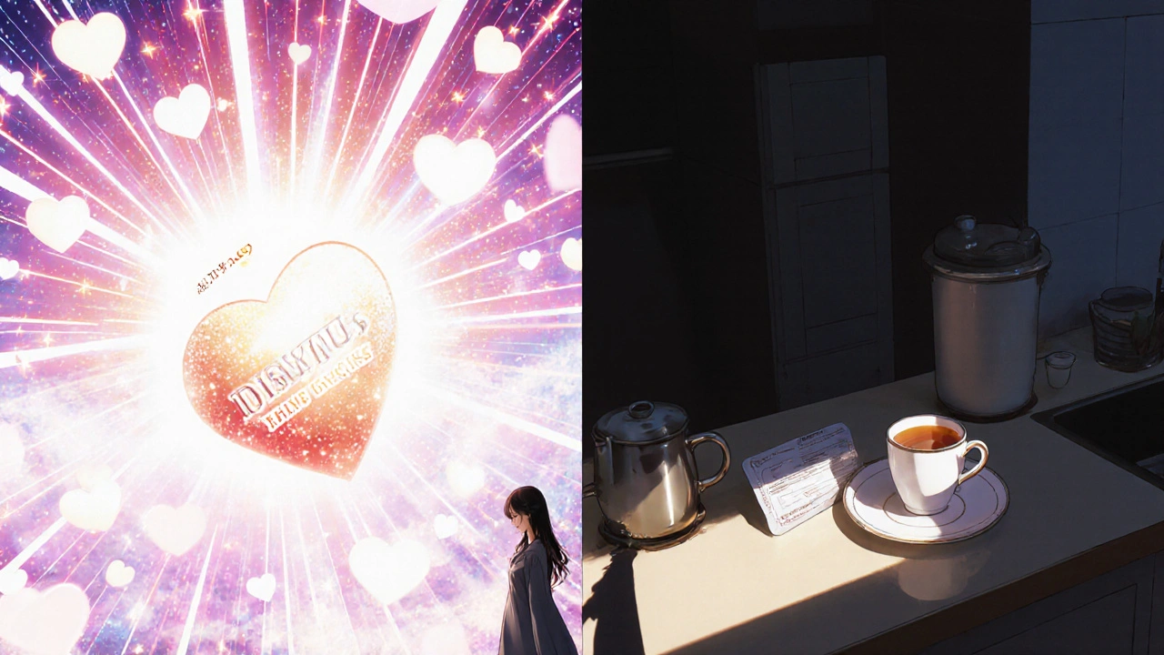 Scène divisée : une publicité lumineuse à gauche, une pilule générique simple à droite, une femme hésite entre les deux.